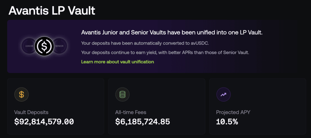 Avantis LP Vault stablecoin yield on USDC