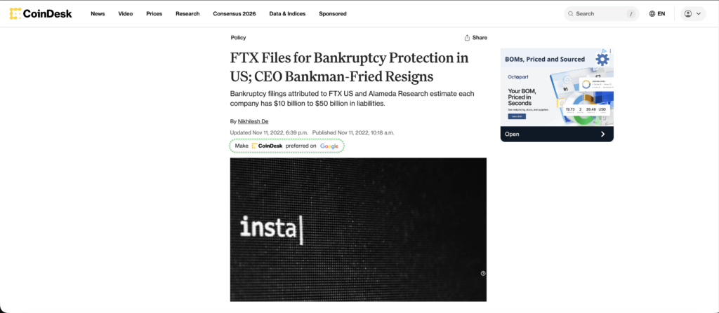 coindesk original ftx bankruptcy news